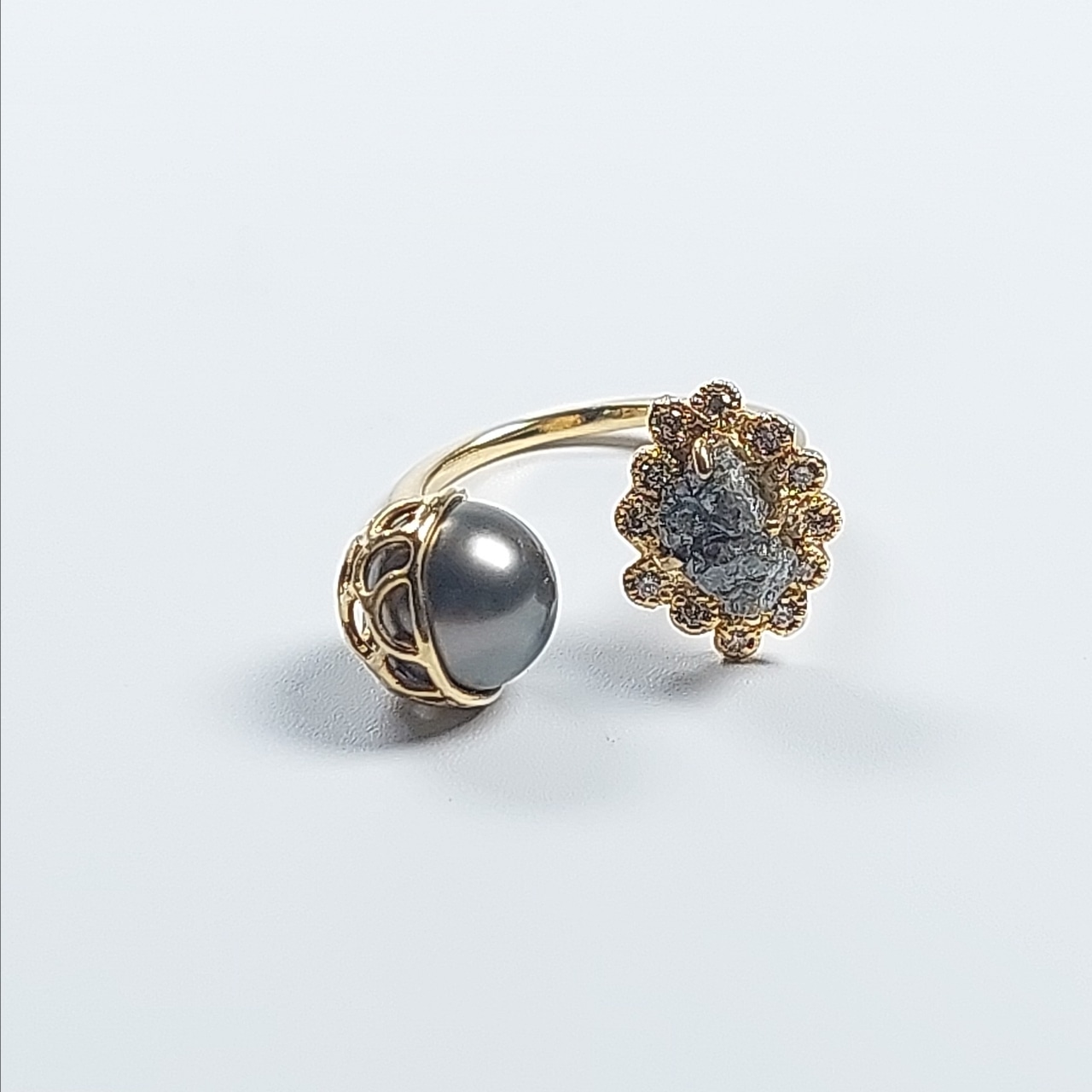K18 Utopara Tahitian Pearl, Rough Diamond, Brown Diamond Ring
