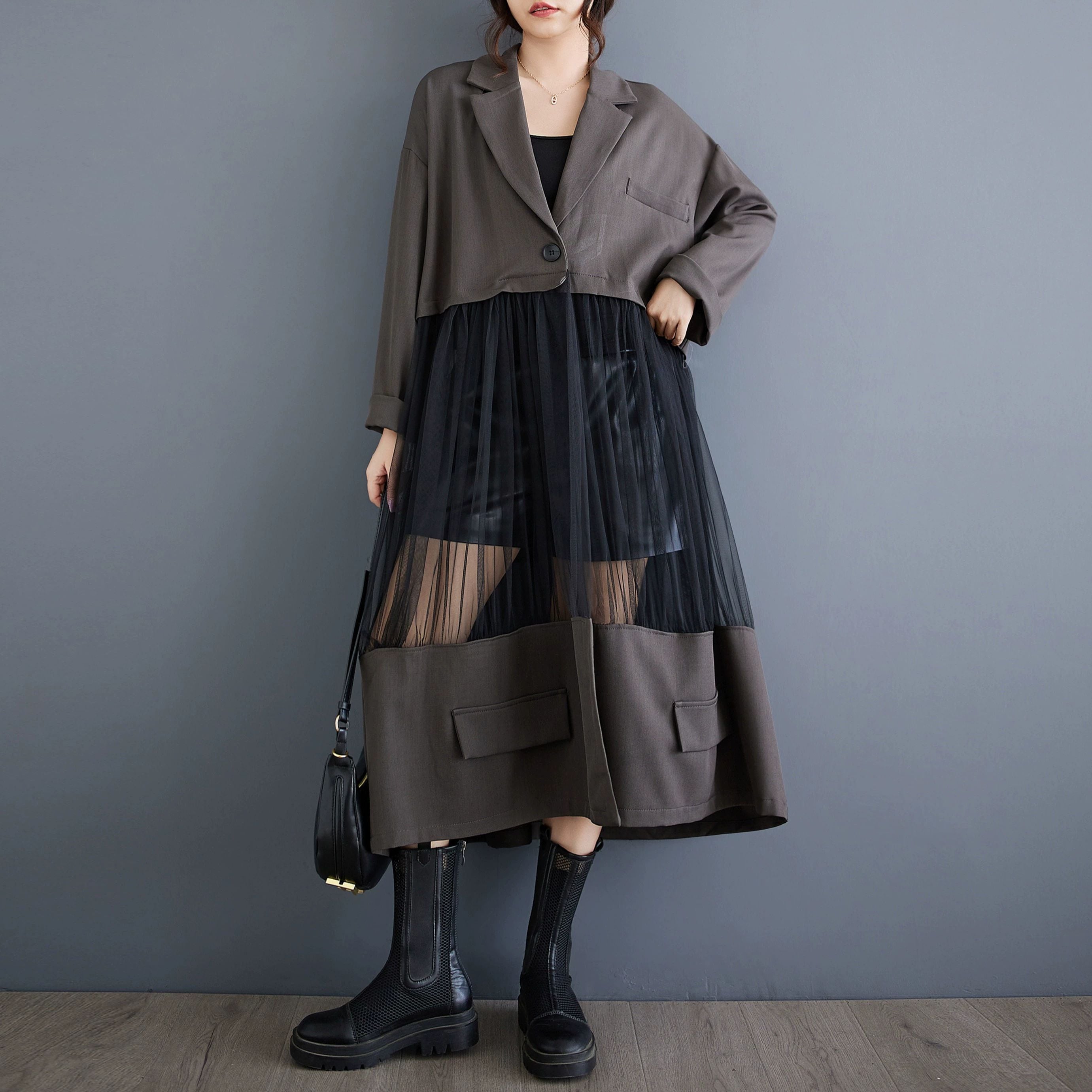 MESH STITCH A-LINE V-NECK LONG JACKET 2colors M-10635 | Magniraff