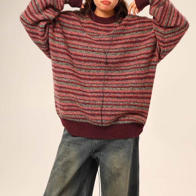 ミックスボーダールーズニットトップ R01243