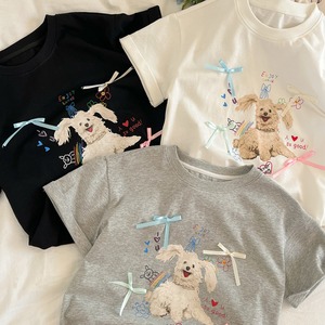 夏犬柄リボン付きTシャツ