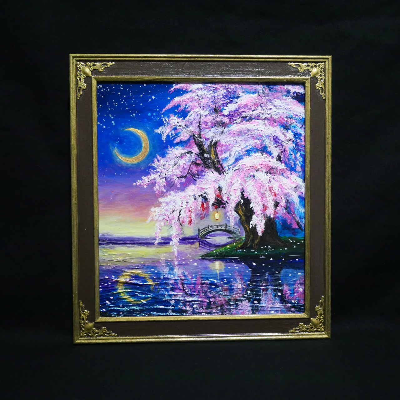一点物｜油絵「月光に眠る夜桜」月明かりに照らされた桜の原画 