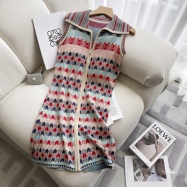 シェブロンモチーフ ニットミニワンピース ベージュミックス OP00251