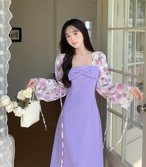 大きいサイズ レディース ワンピース　パープル　花柄　春夏 秋 新品 長袖