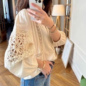 スタンドカラー刺繍レースアップブラウス　00388