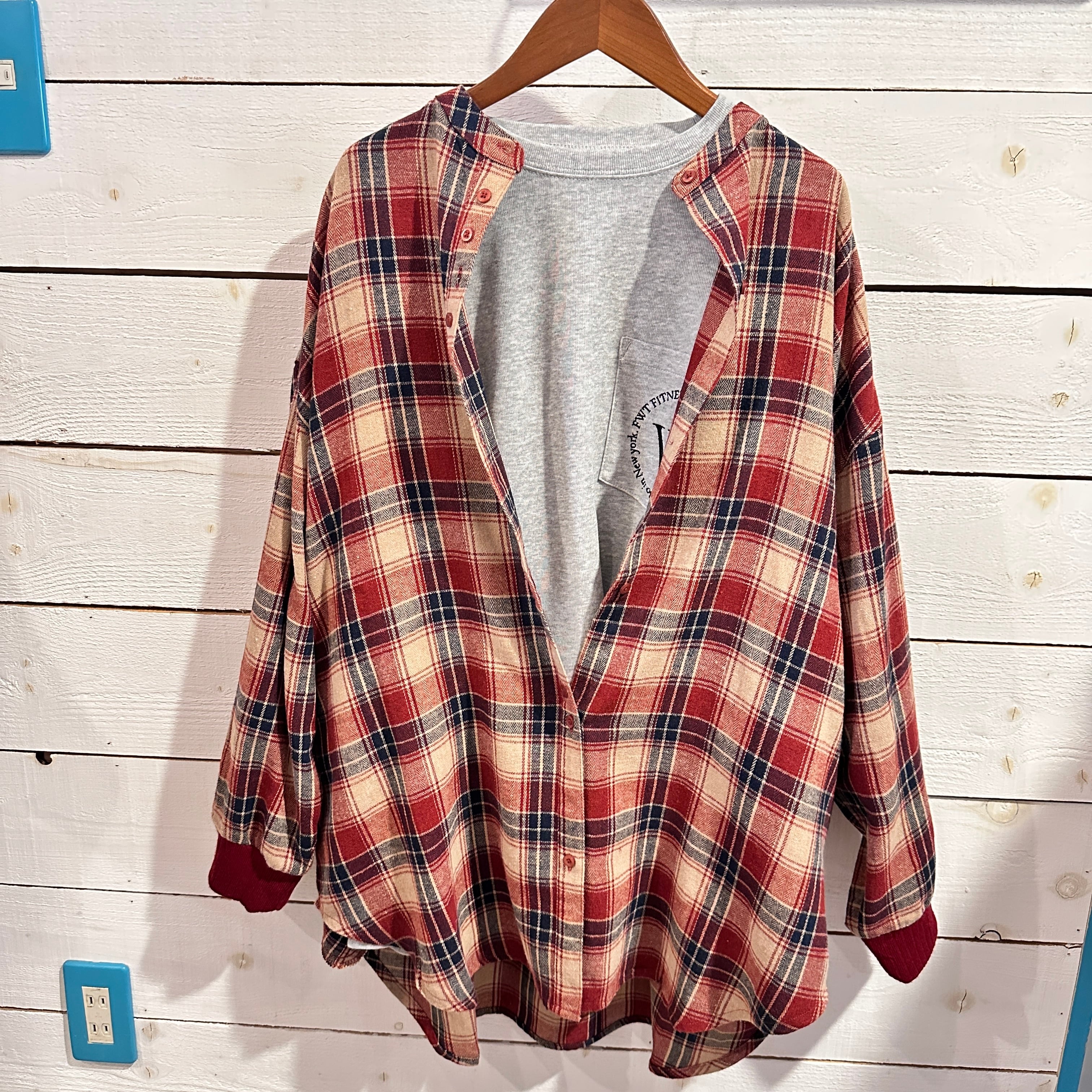 起毛ネルランダムボタンシャツ　2132  フリーサイズ　袖リブニット　ロングシャツ