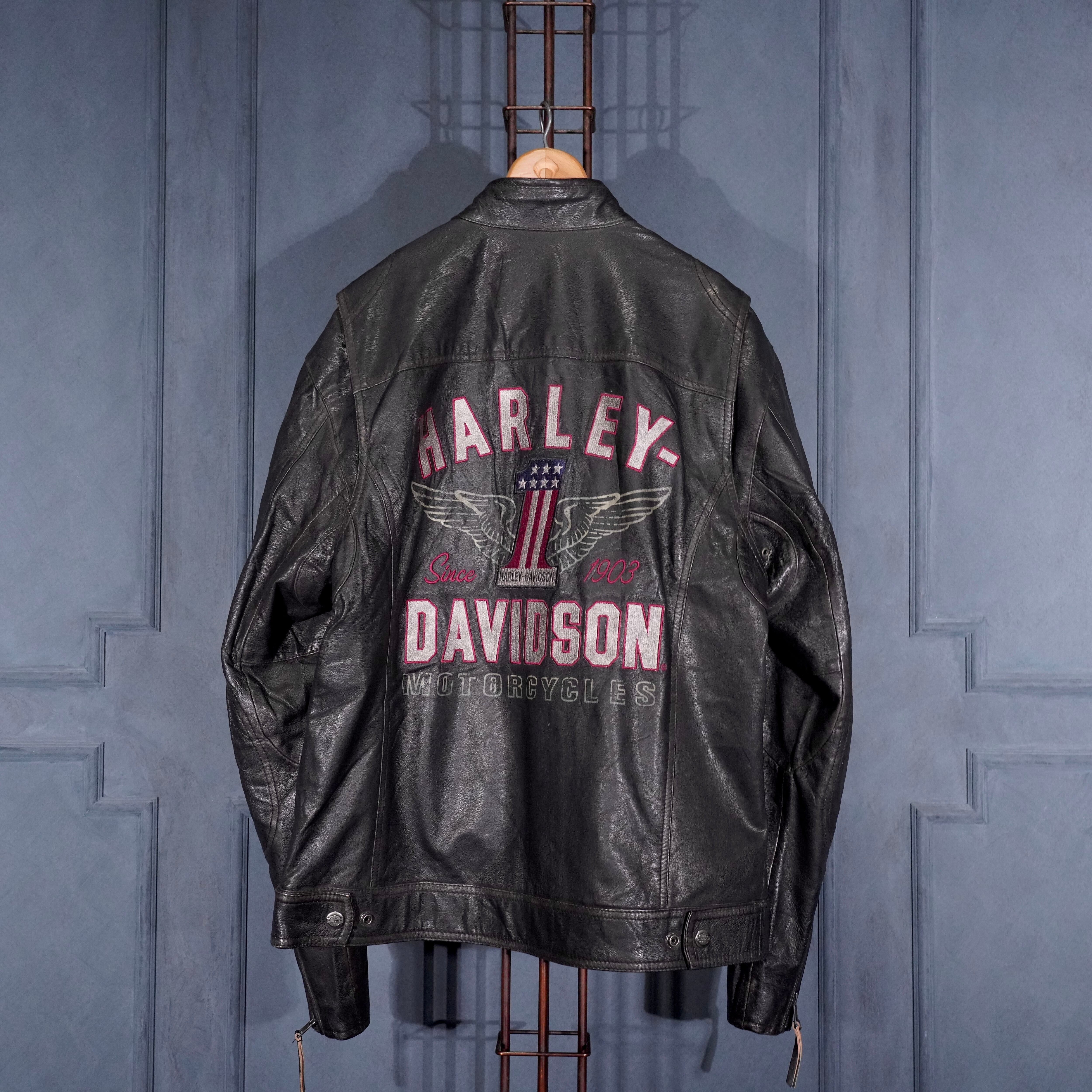 USA VINTAGE HARLEY DAVIDSON LOGO EMBROIDERY DESIGN ZIP UP LEATHER