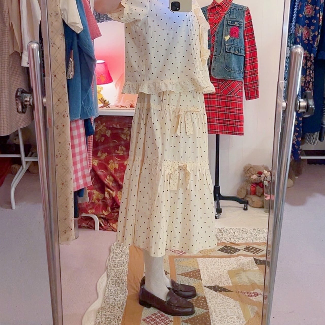 cream brown dot blouse & skirt set up