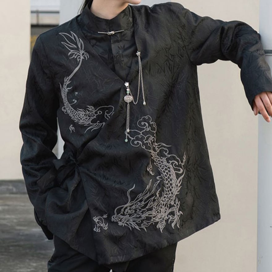 チャイナ風 羽織り 長袖トップス ジャケット 龍刺繍 ドラゴン 闇