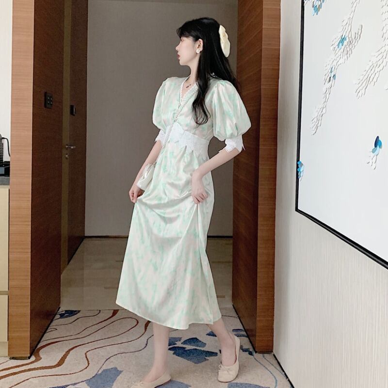 サマースタイルドレス Vネックウェストスカート エレガント 夏物 ハンチェンe53471206106