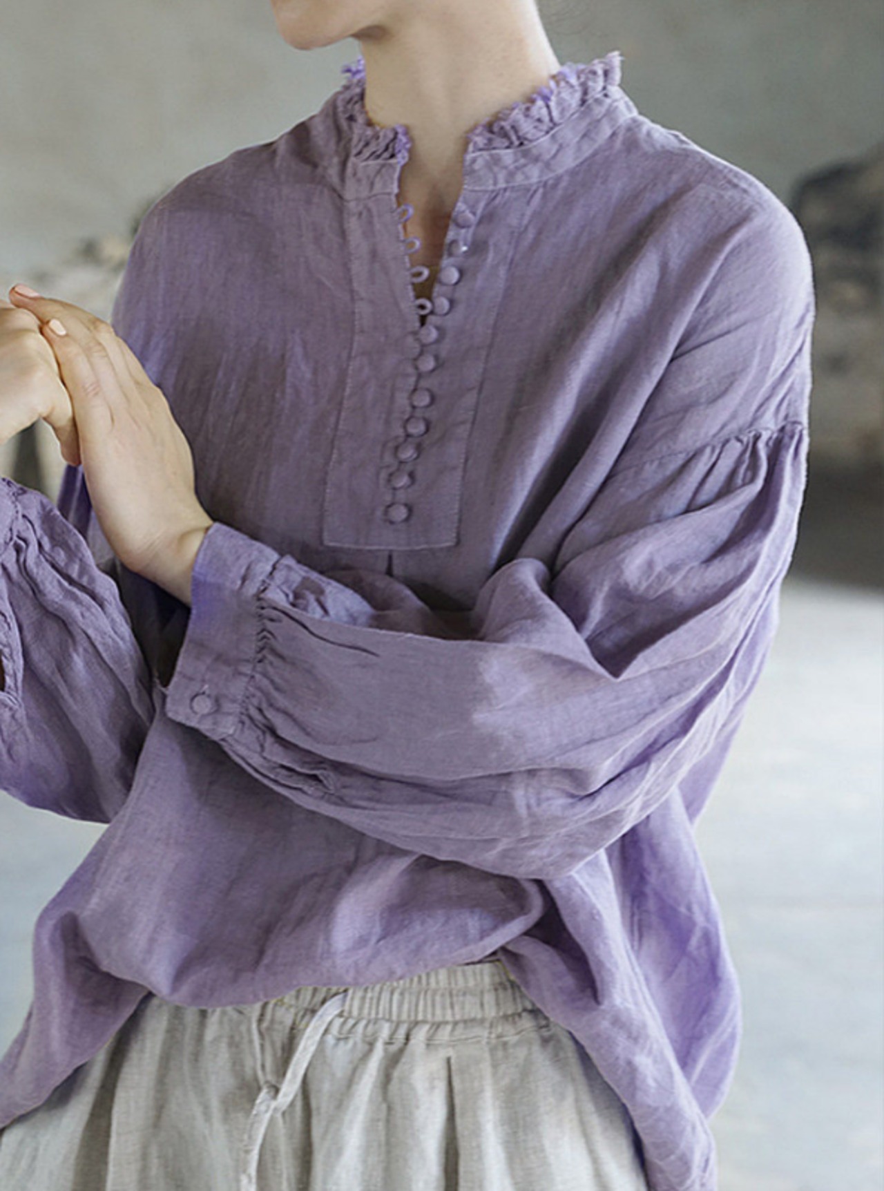 フリンジデザイン スタンドカラー リネンシャツ