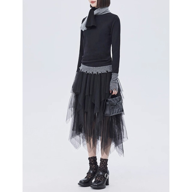 Contrast cuff hem knit top C1414