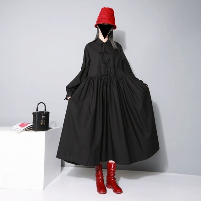 春服 レディース モード系 ブラック系 黒系 ゴシック モノトーン シャツワンピース ビッグシルエット フレア ロング 大人可愛い おしゃれ モード系ファッション専門店 With U