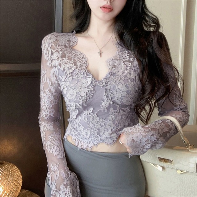トップス 大人可愛い レース ショート Vネック グレーパープル ブラック