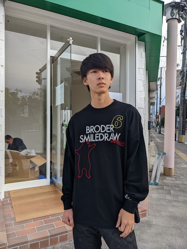 BRODER SMILEDRAW  プリント×ハンドル刺繍 LOGO ブラック Long SleeveTee 【BR7003】