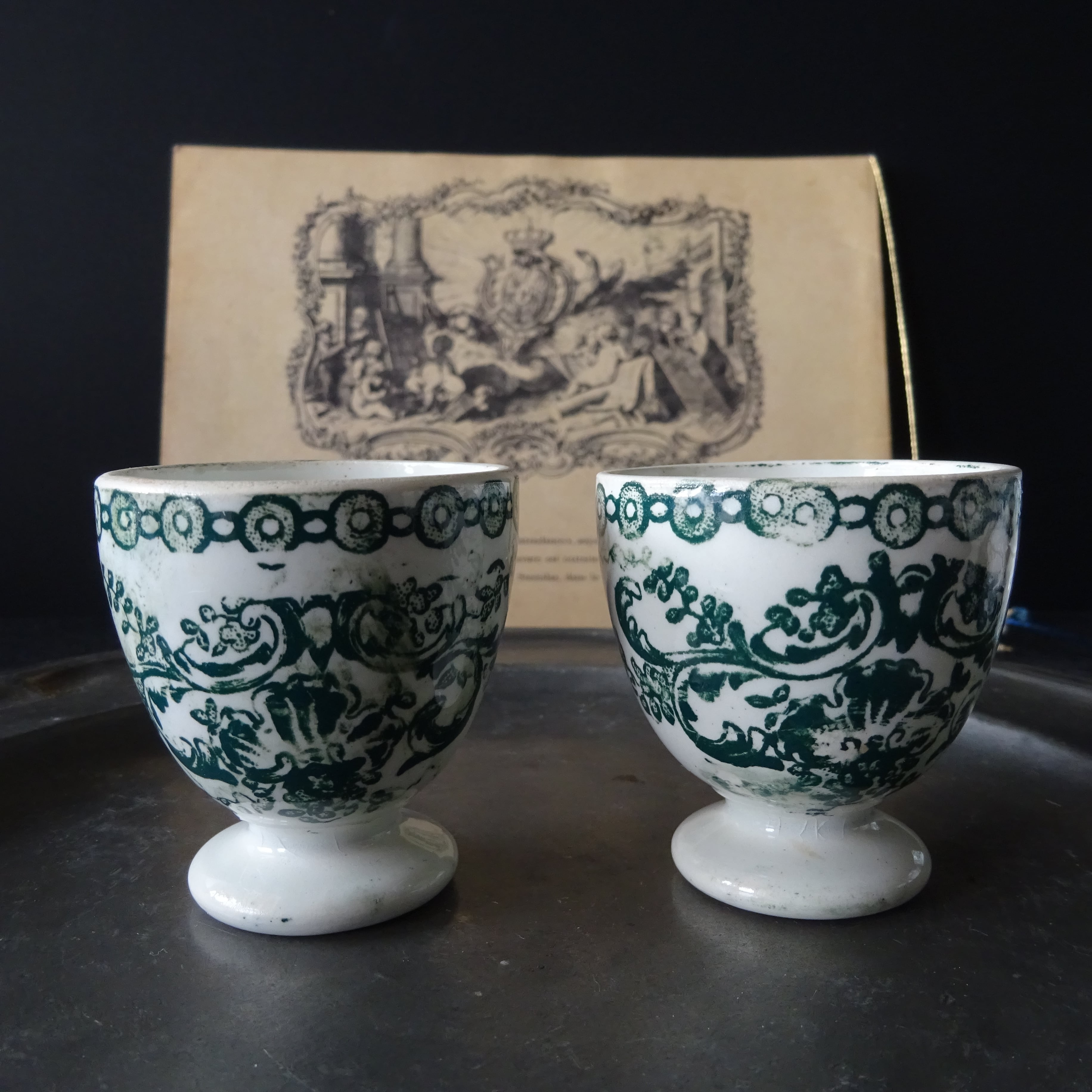 【 Nouveauté 】☆ Coquetier ancien décor《Fleurs et Rocaille》peint à la main 2個セット