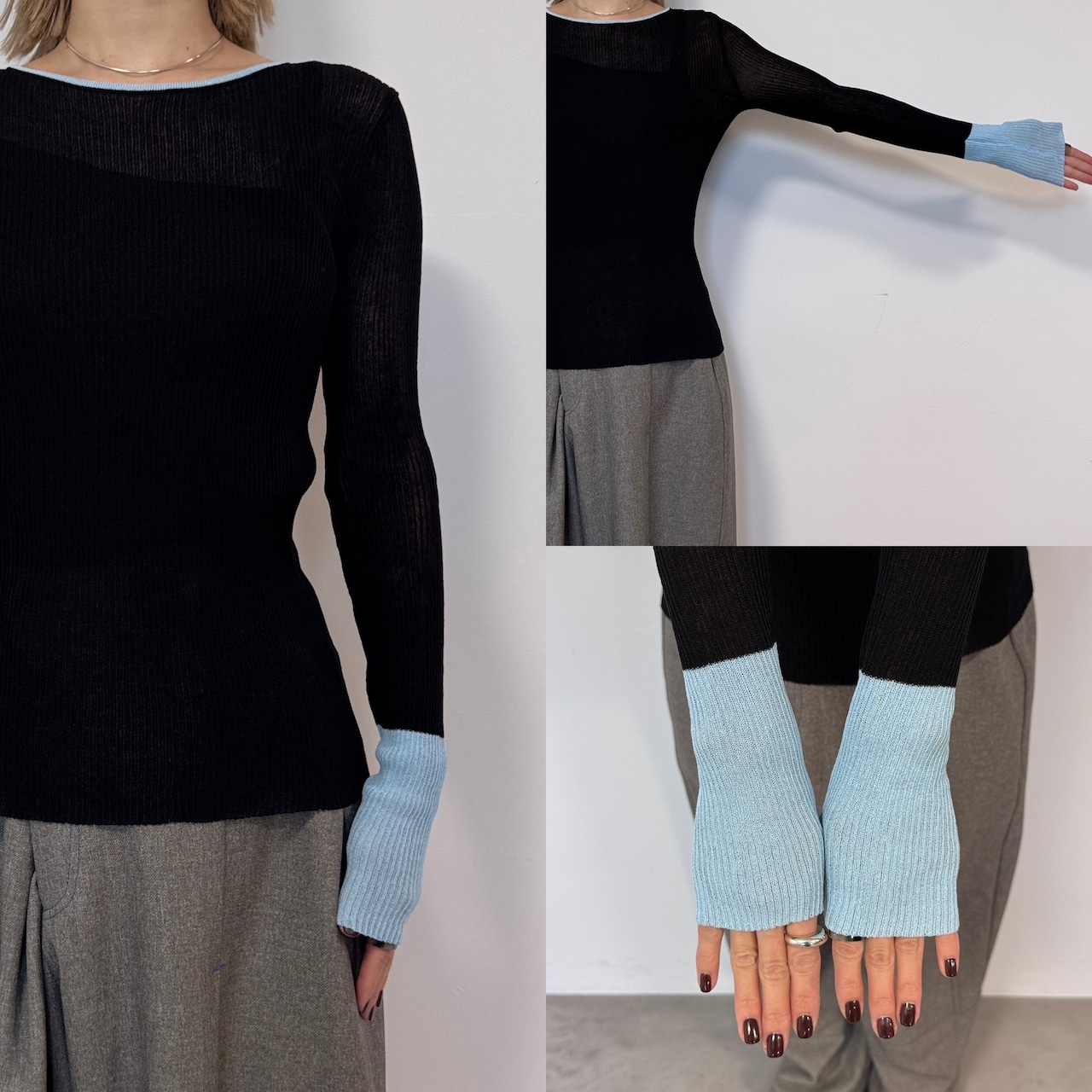 袖バイカラーシアーニットCS/ブラック