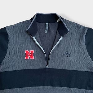 【adidas】カレッジロゴ ネブラスカ大学 Nebraska 刺繍ロゴ ブランドロゴ スポブラ ハーフジップ スウェット プルオーバー アディダス L 天竺編み 柄 切替 US古着