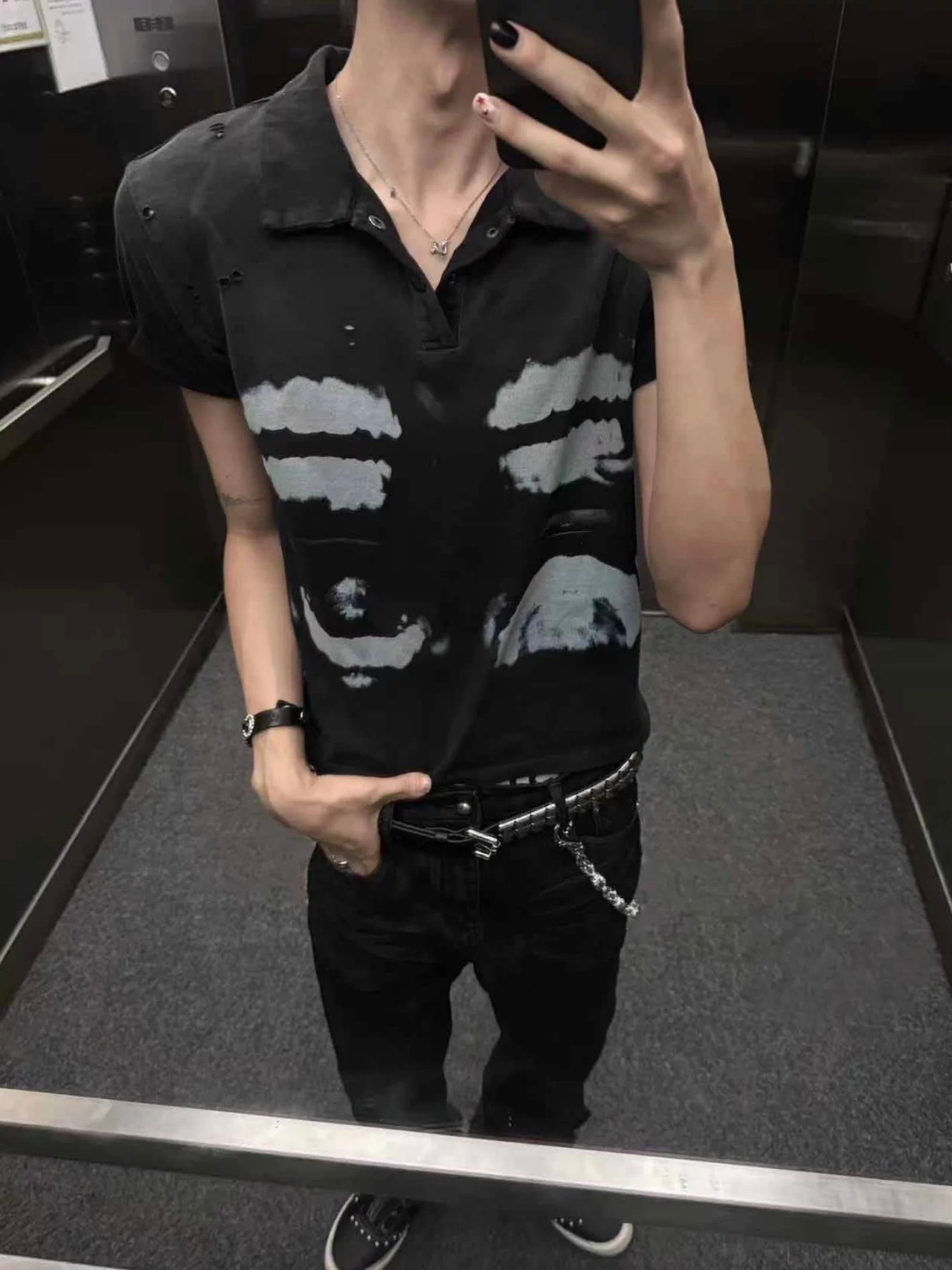 【CinderVein】X-Ray Teeth Distressed Polo Shirt