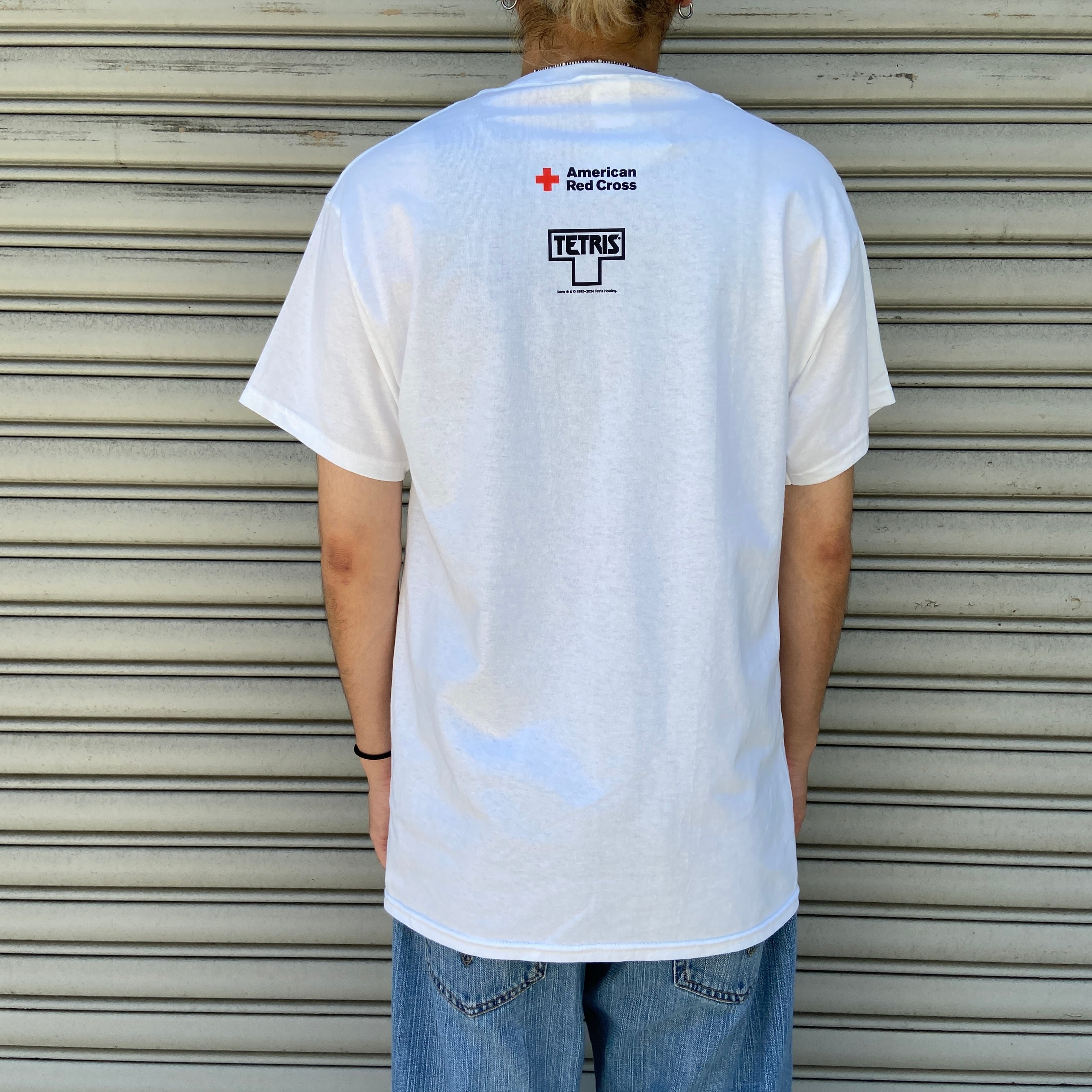 アメリカ赤十字 レッドクロス テトリス プリントTシャツ ホワイト M