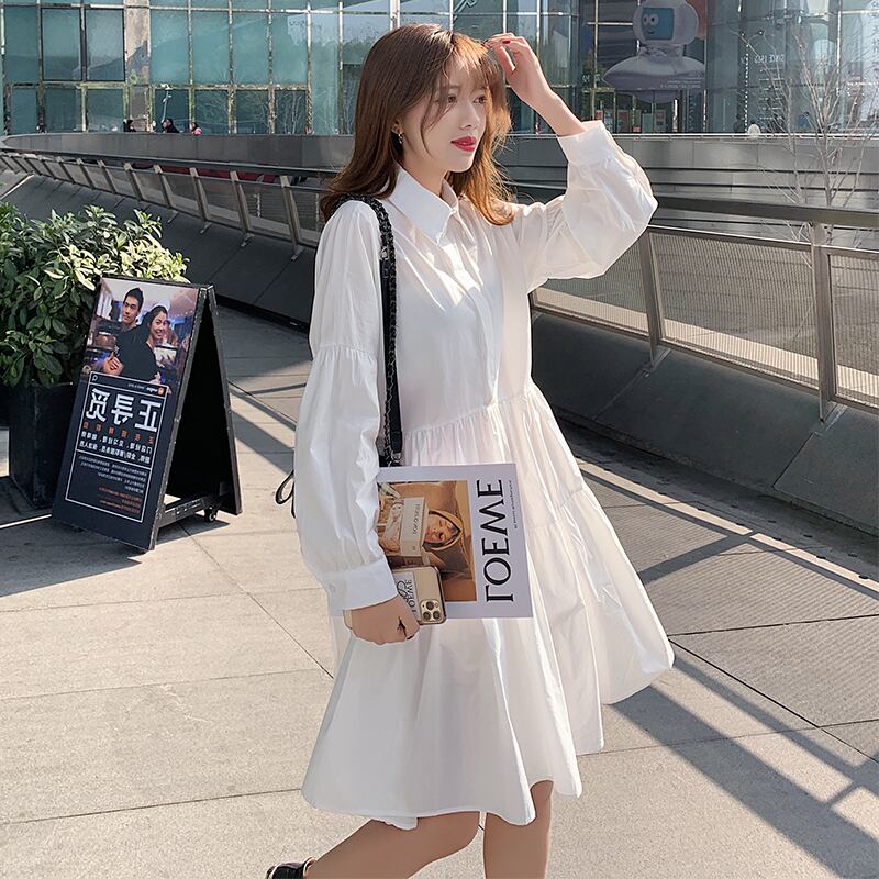 ワンピース レディース ティアードワンピース 2カラー フリーサイズ ホワイト ブラック カラバリ 綿 シャツワンピース 長袖 無地 襟付き 膝丈 Aライン ギャザー ティアード パフスリーブ 袖コンシャス ゆったり ルーズ ハイウエスト スタイルアップ 脚長効果 体型カバー シンプル カジュアル フェミニン キュート 大人可愛い おしゃれ 普段使い イベント デート お出かけ 女子会 休日 旅行 リゾート 着まわし ファッション コーデ スタイル モテ 送料無料 こなれ感 春 秋