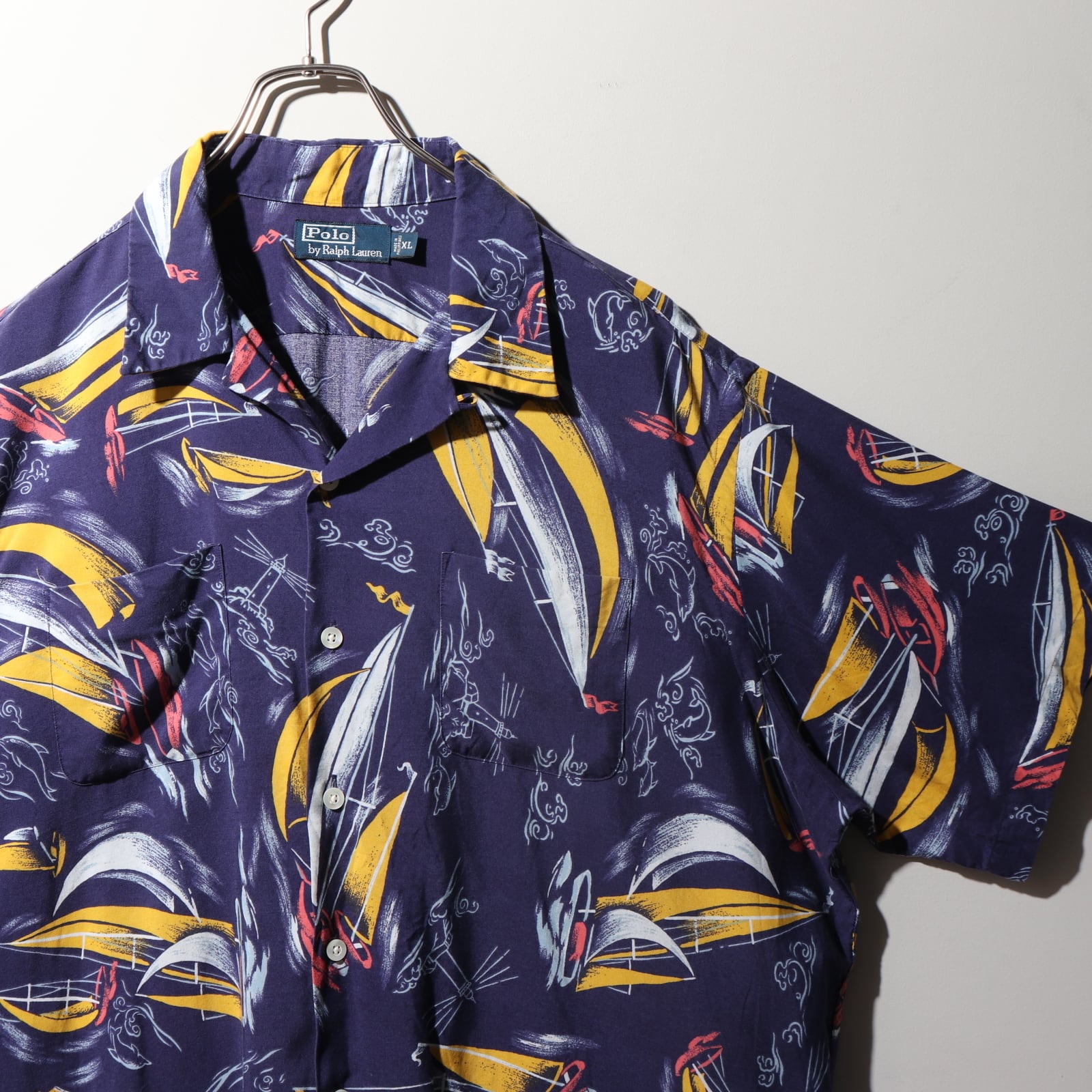 極美品 XL レーヨン ポロラルフローレン 半袖開襟シャツ ネイビー 