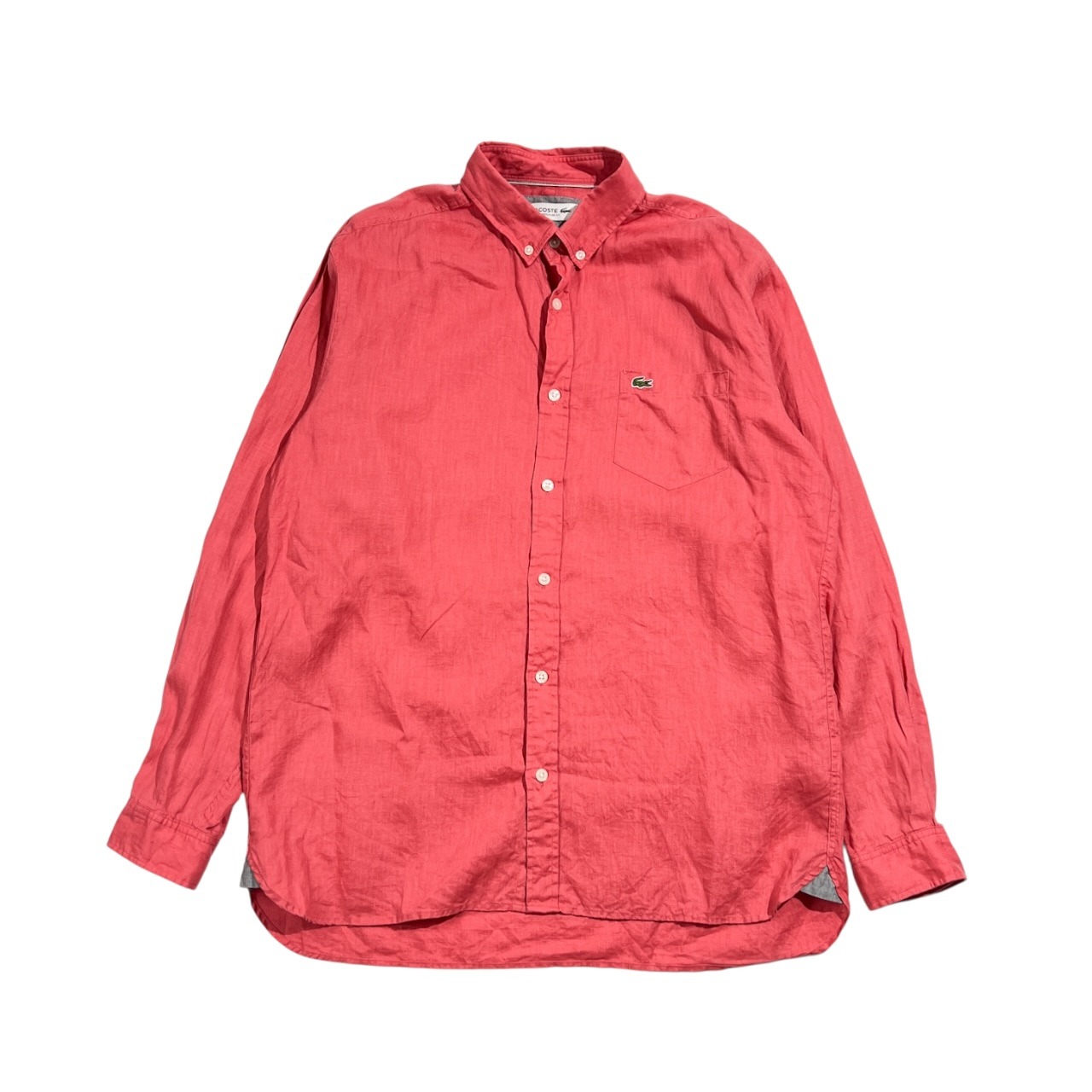 リネン100% LACOSTE ラコステ REGULAR FIT BD ボタンダウン 長袖シャツ FR41 US M/L /ピンクレッド系 メンズ