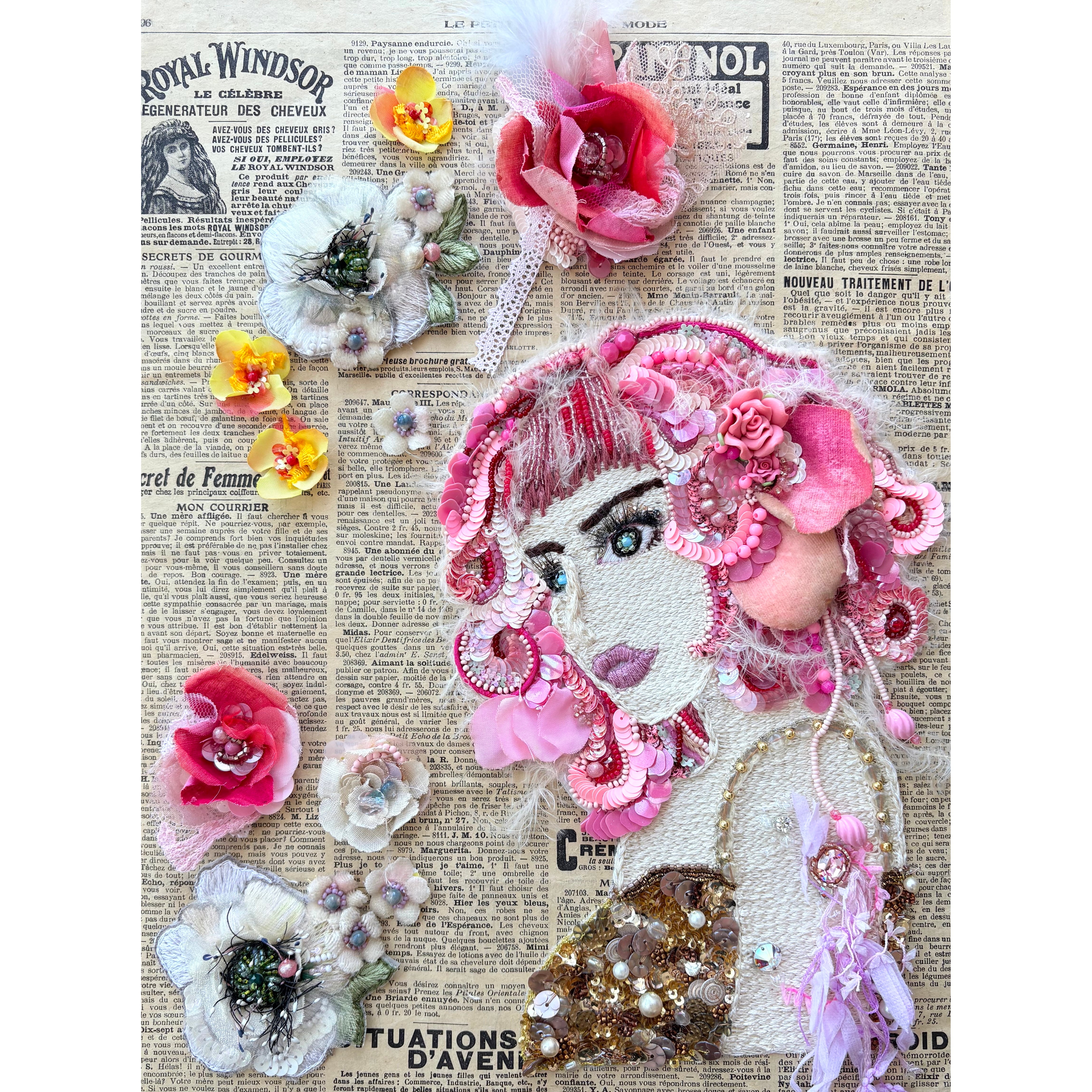 ビンテージ ビーズ刺繍 アート 女性と花 ビーズ刺繍アート（額装） Framed Bead Embroidery Art ｜ 