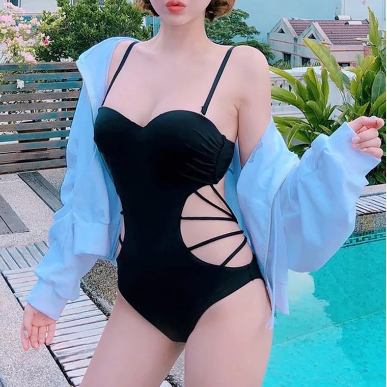 セクシー♡サイド編み上げモノキニ水着♪ ビキニ タンキニ 黒 プール