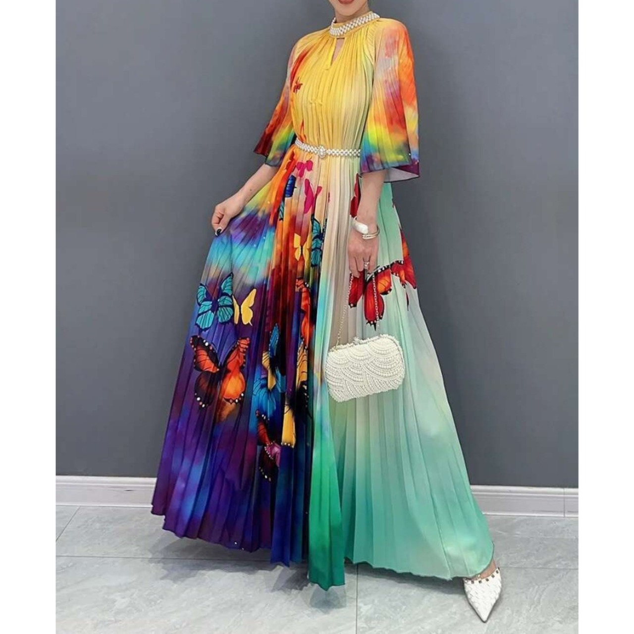 Butterfly Colorful Gradient Pleats Dress / バタフライ カラフル グラデーション プリーツ ワンピース