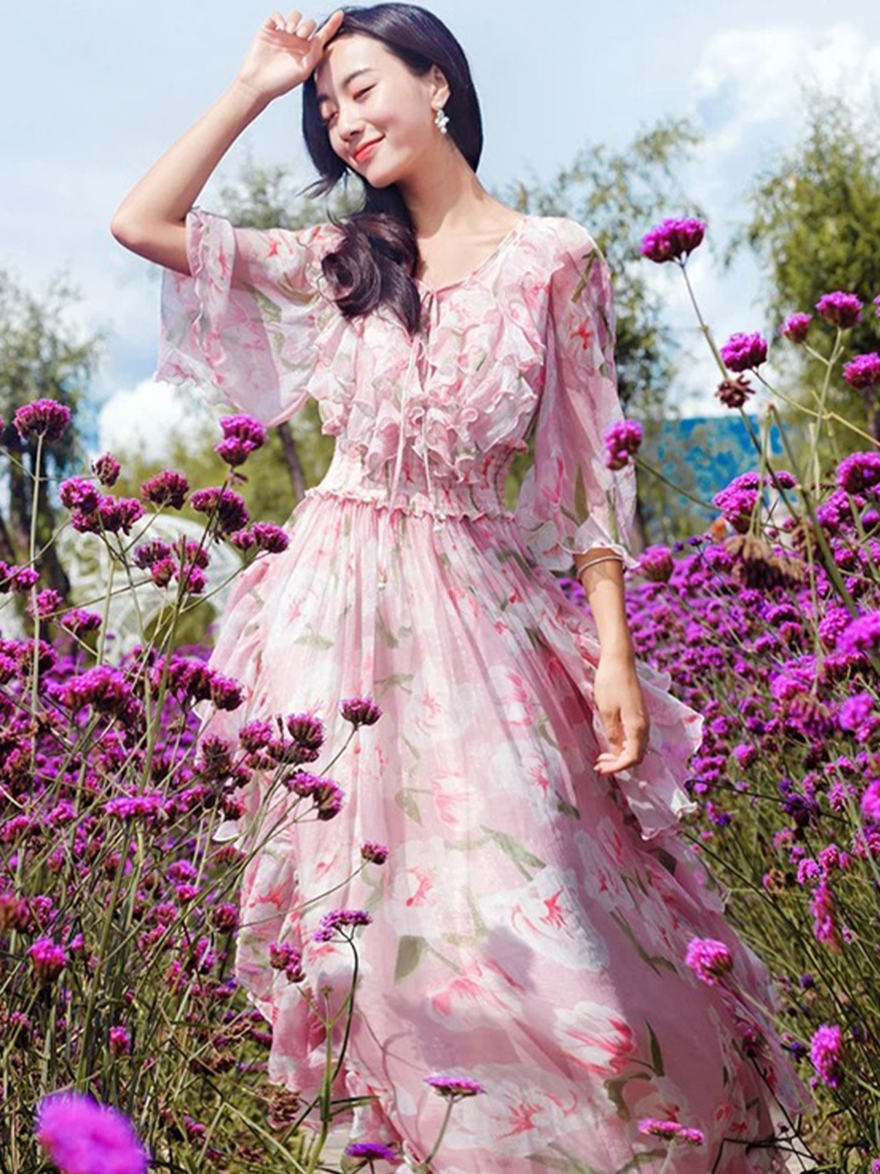 【0062】Pink Flower Chiffon Frill Short Sleeve Dress