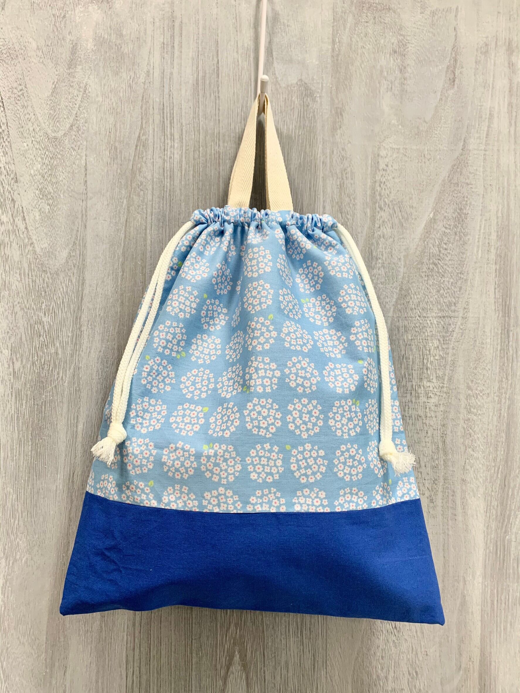 体操着入れ(持ち手付き巾着袋) あじさい柄 ブルー