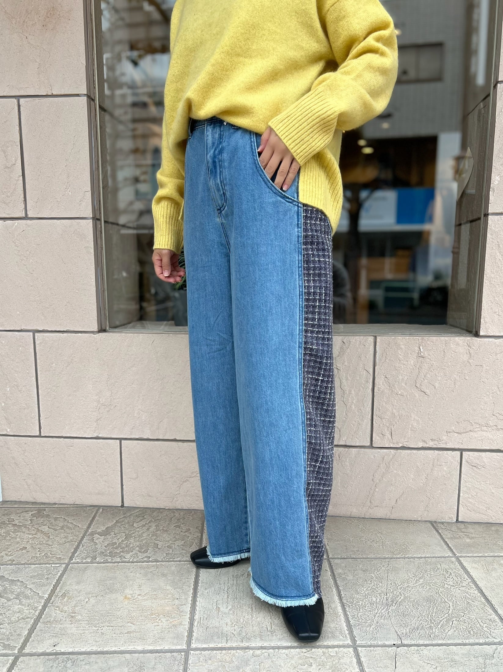 CYAN TOKYO ツイードコンビワイドデニム ライトブルー 36 CYAN TOKYO / ツイードコンビワイドデニム | anouk