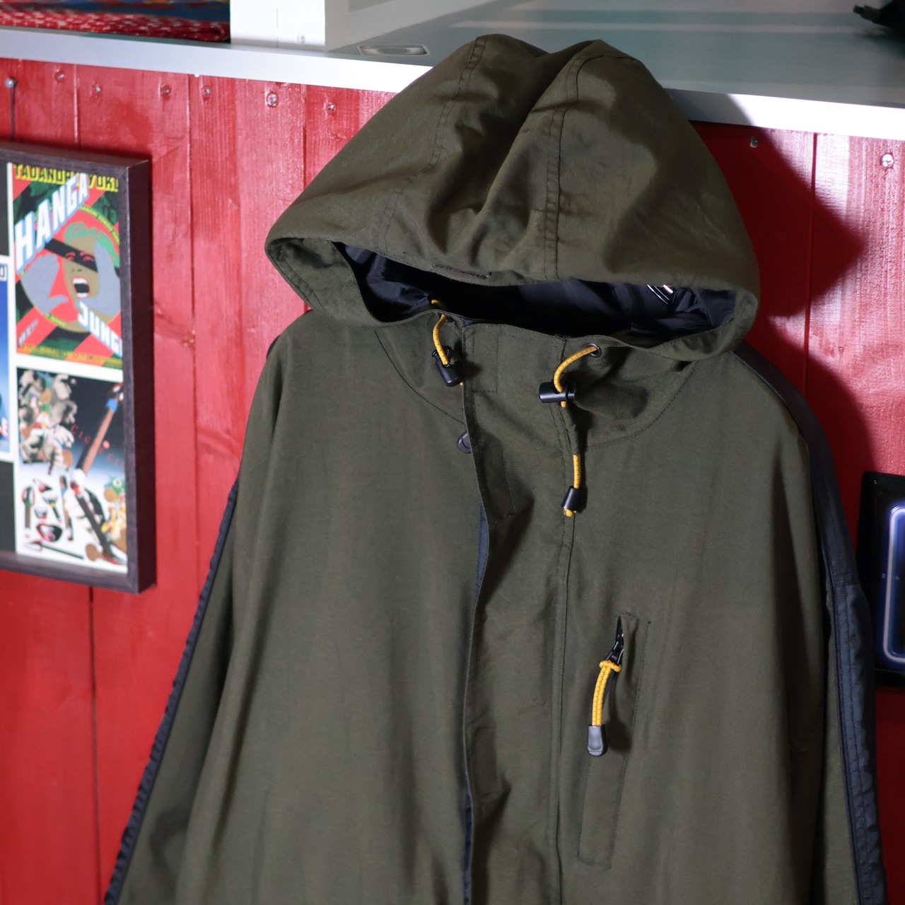 90s OLD GAP マウンテンパーカー カーキ×ブラック ダブルジップ ドローコード M