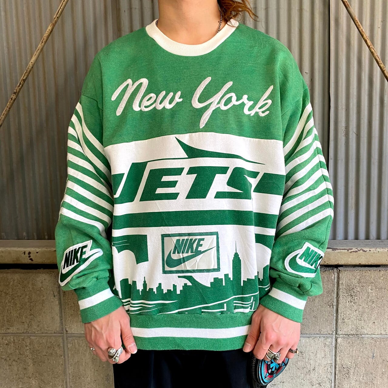 激レア 80年代 銀タグ NIKE ナイキ NFL チーム系 総柄デザインスウェット メンズXL 古着 トレーナー NEW YORK JETS  ニューヨーク ジェッツ グリーン 緑【スウェット】【VTG】 | cave 古着屋【公式】古着通販サイト