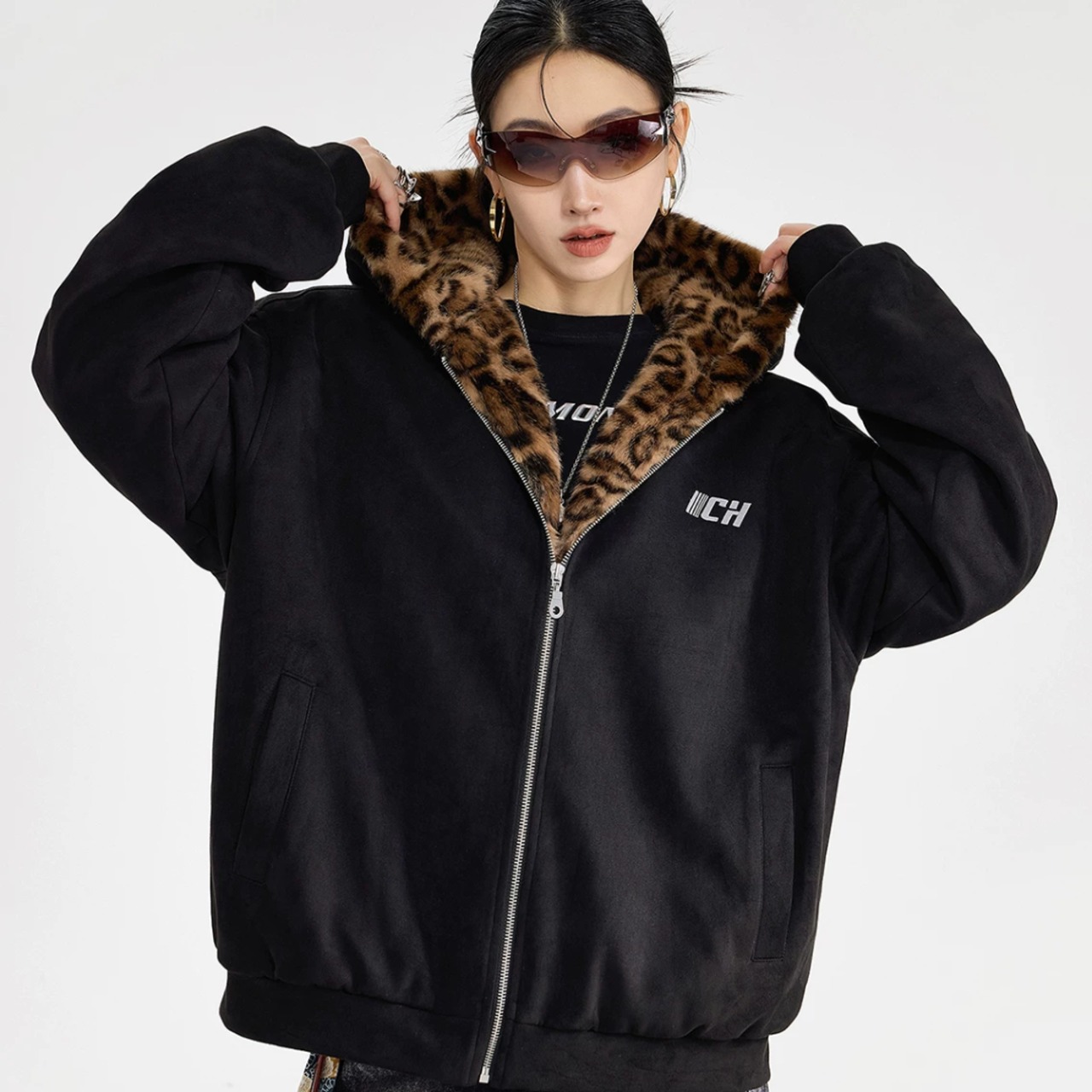 Women's Padded Coat with Leopard-Print Fur(ME498)