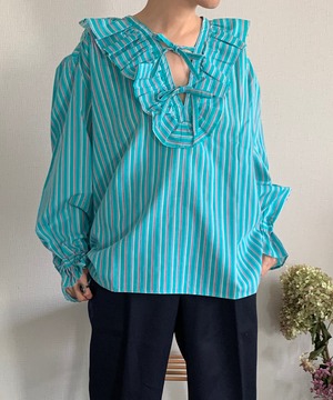 【送料無料】80's striped ribbon ruffle blouse