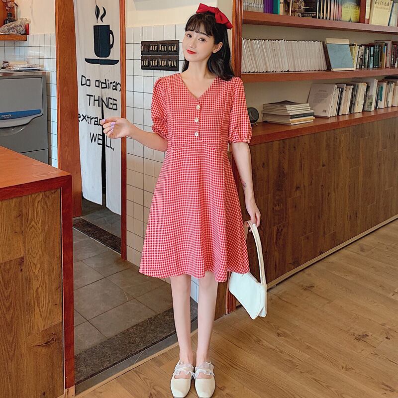 【新作】【送料無料】 マタニティウェア2020夏の新しい綿とリネンチェック産後の看護ドレス、流行の母親のVネックミドル丈の看護ドレス-アリババ コットン サマー 夏物 expec271201304143