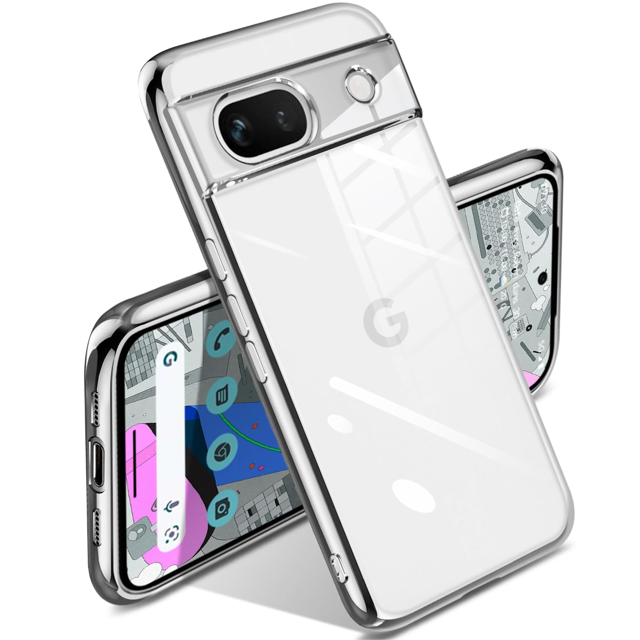 SATLITOG Google Pixel 8a 向けの ケース クリア メッキフレーム 強化ガラス背面 カメラレンズ保護 光沢メタリック調 耐衝撃