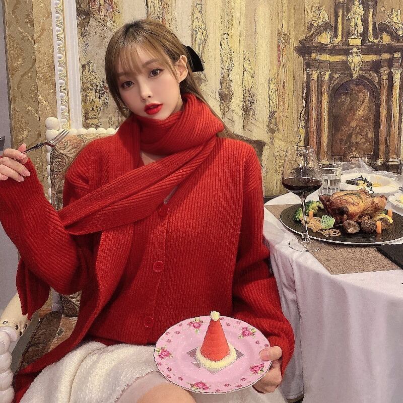 セーター カーディガンジャケット ルーズオータムウィンターレッドトップス 秋物 冬物 ブラックストロベリース13192035916