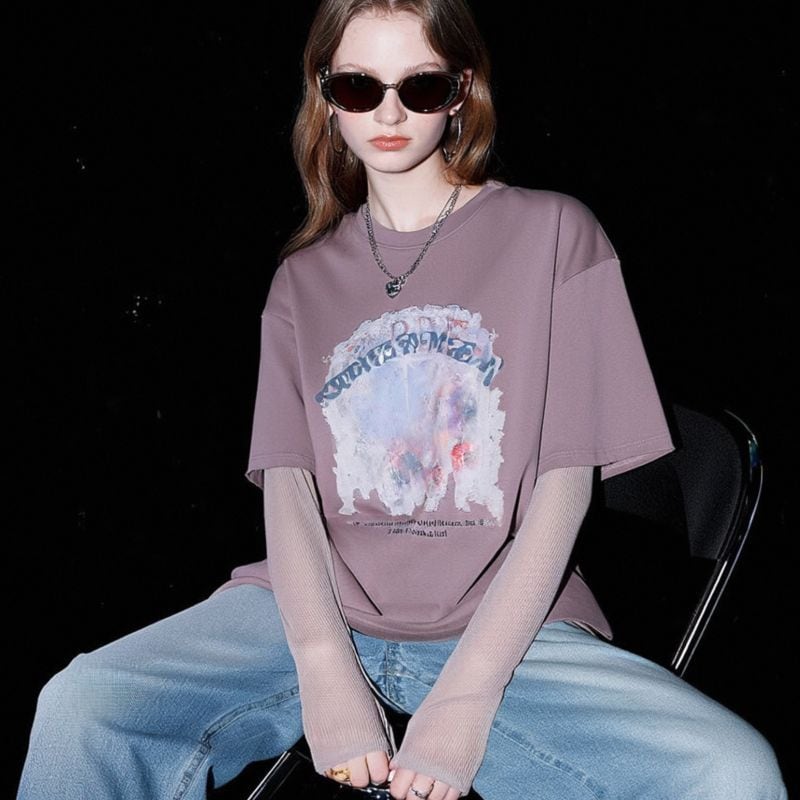 Mesh layered print tee 2 colors V2392