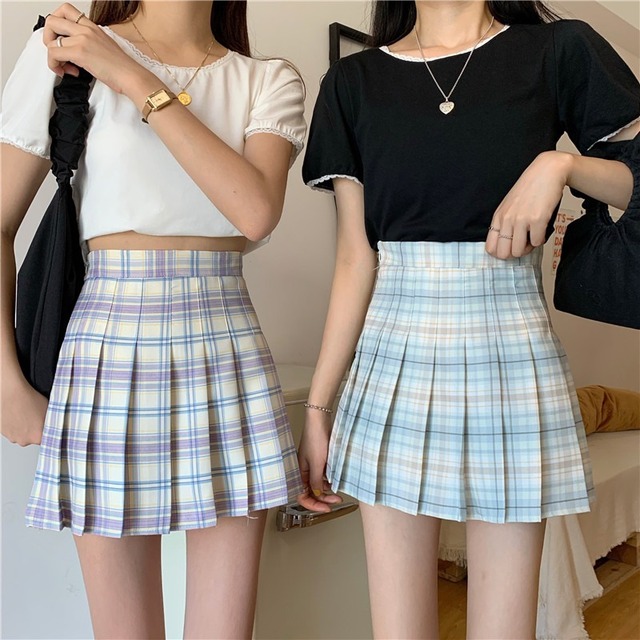 スカート オータムウィンター格子柄プリーツショートハイウェストウェストAライン 大人ガーリー スウィート キュート カジュアル 秋物 冬物 YY-ファッション27498990789