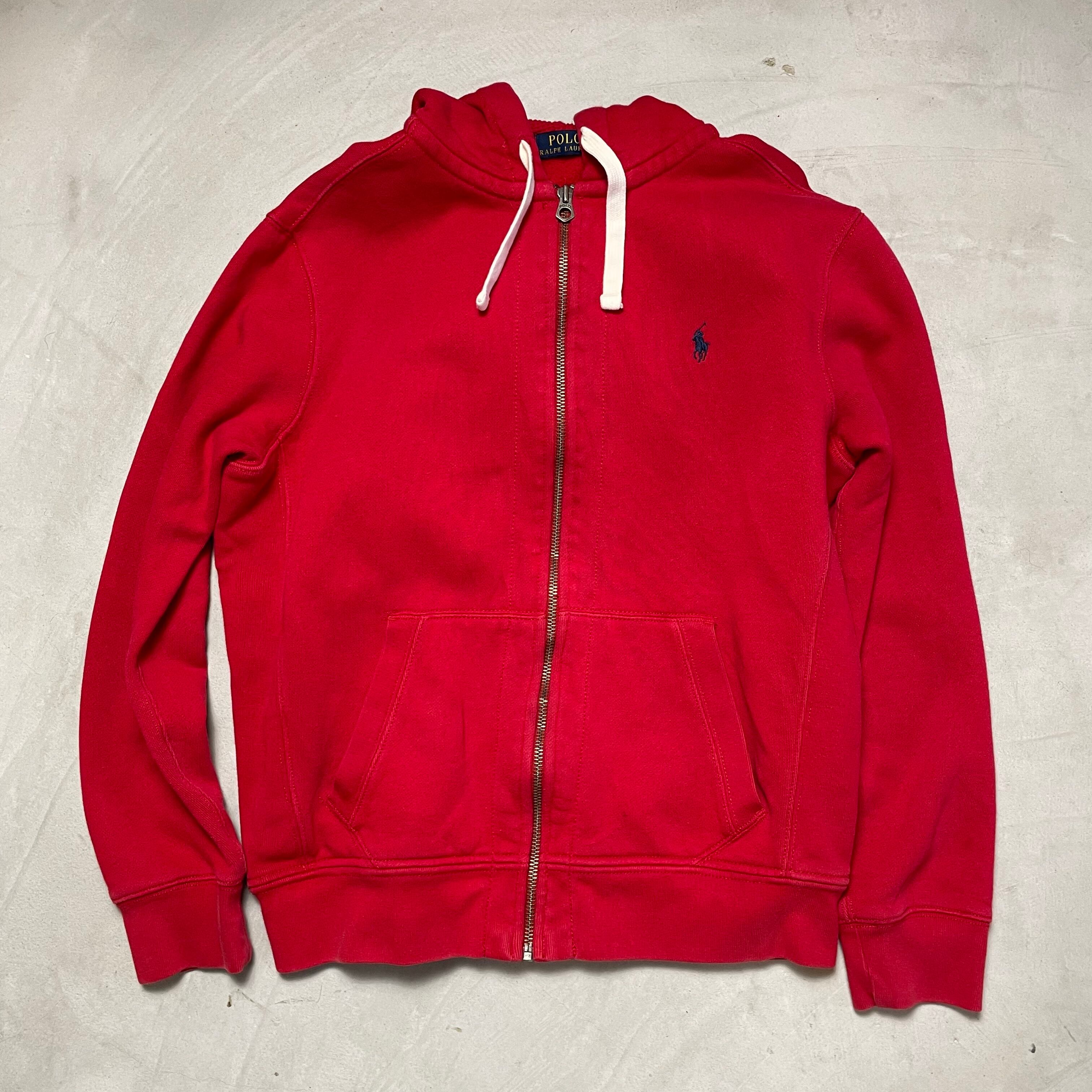 Polo by Ralph Lauren ラルフローレン ワンポイント ロゴ刺繍 フルジップ スウェットパーカー 無地 レッド メンズL 古着 【スウェット】