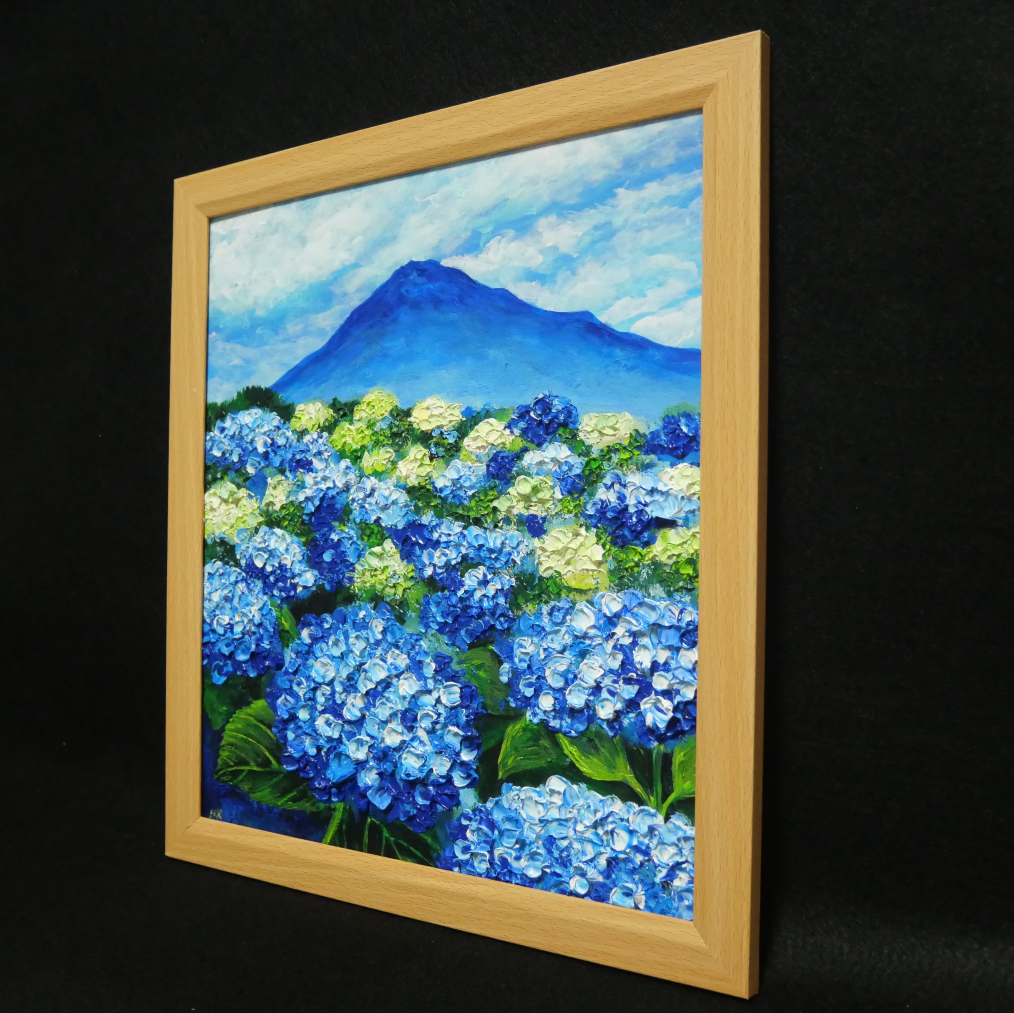油絵 絵画【青の情景 〜富士と紫陽花の咲く丘〜】油彩画 風景画