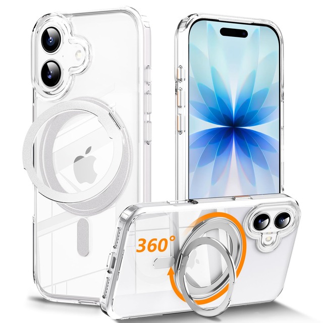 DOMIAMIA iphone 17 用ケース Magsafe対応 いphone17 クリアケース 360°回転スタンド アイフォン17 透明ケース マグネット搭載 iphone17 携帯ケース ワイヤレス充電 アイフォン16 スマホケース アジャスタブルスタンド 防指紋 透明 すり傷 防止黄ばみ 6.3インチ