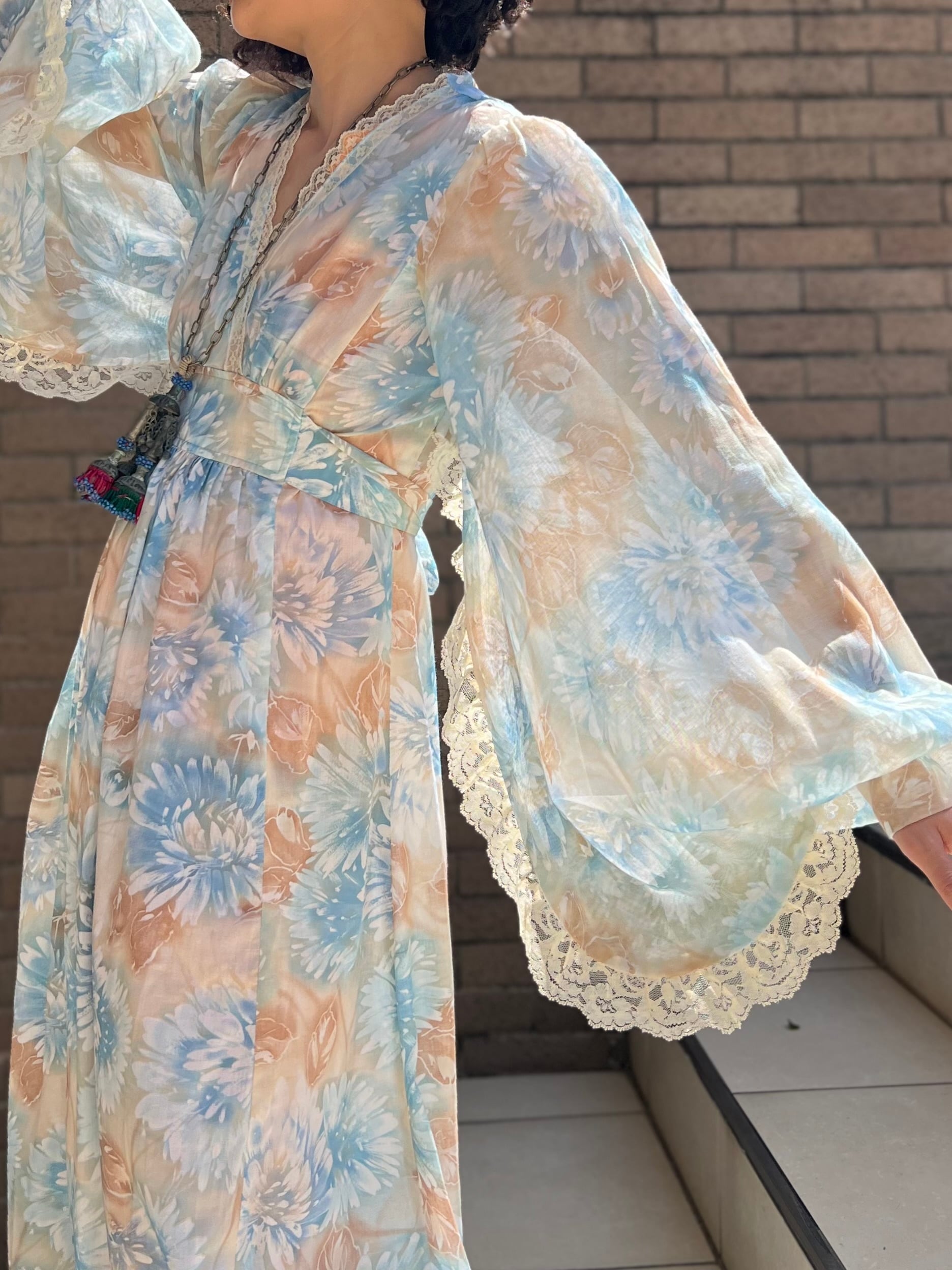 70s floral × lace dress ( ヴィンテージ 花柄 × レース ワンピース