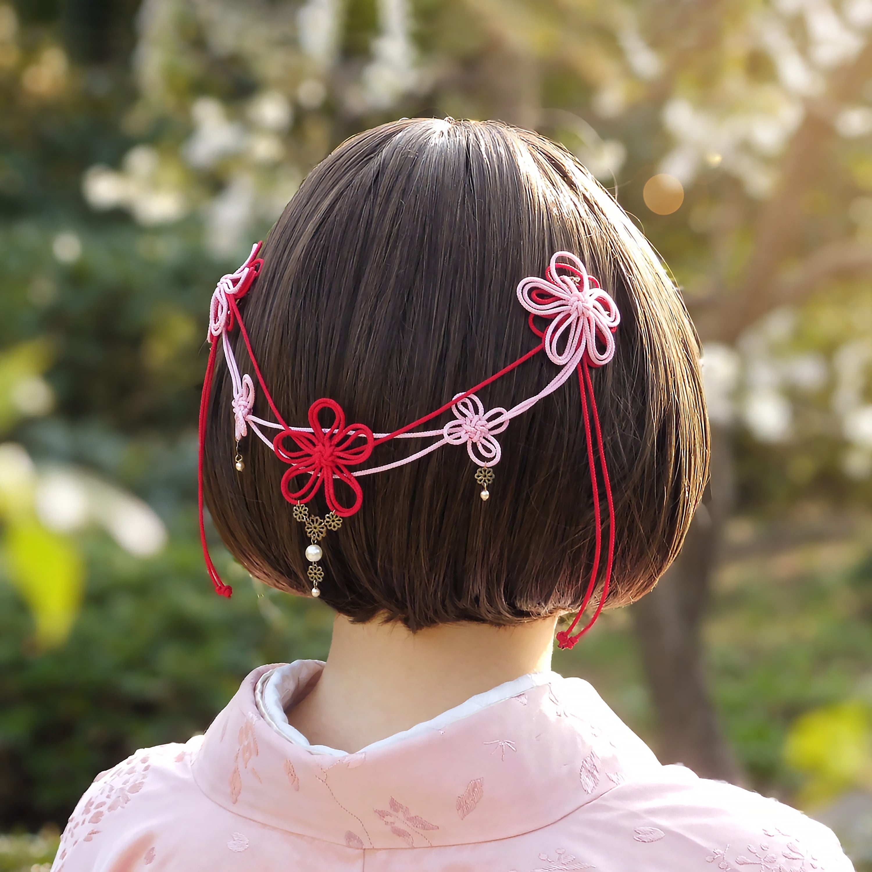 飾り結びヘアコーム「みちゆきて賑」(赤×淡ピンク)【和風バックカチューシャ】浴衣・着物・フォーマルに。