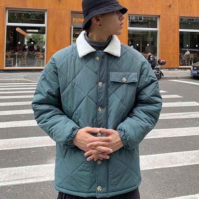 【予約販売】キルティングジャケット 襟ボア アウター ブルゾン メンズ ブラック グリーン 防寒 お洒落 こなれ感 ベーシック 秋冬 大きいサイズ M/L/XL