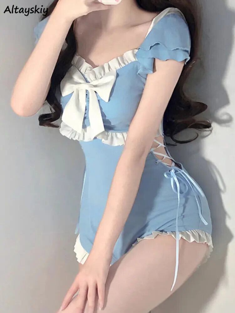 【新作】【送料無料】 カバーアップ女性パッチワークホリデー弓学生レースアップかわいい韓国スタイル夏セクシーなガーリッシュ背中の開いたデザイナー水着シンプル 0370470146799