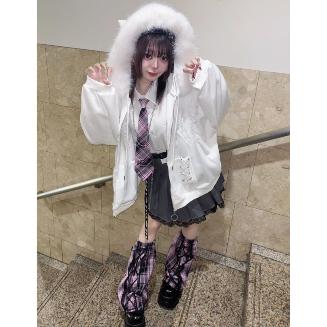 2/20新着】サブカル刺繍☆ネコ耳フードファーZIPパーカー