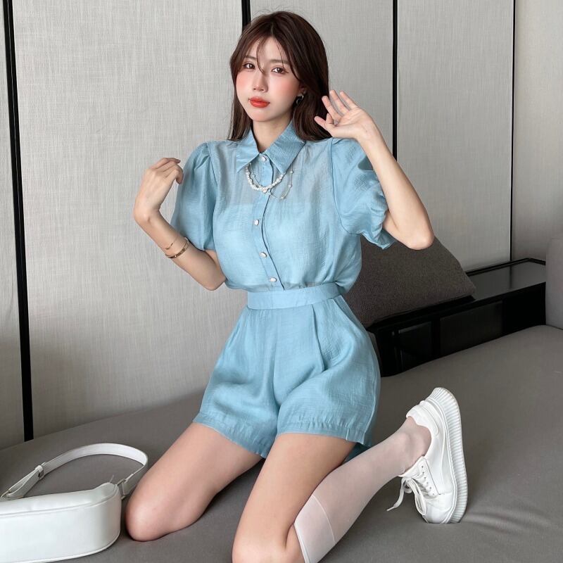 スタイルサマースリーブシャツ ハイウェストウェストワイドレッグショーツ 夏物 ブルマー ワイドパンツ ハンチェンe16848612406